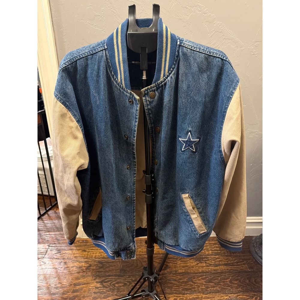 Vintage Lee Sport Dallas Cowboys Denim Varsity Jacket Blue Tan Star Spellout